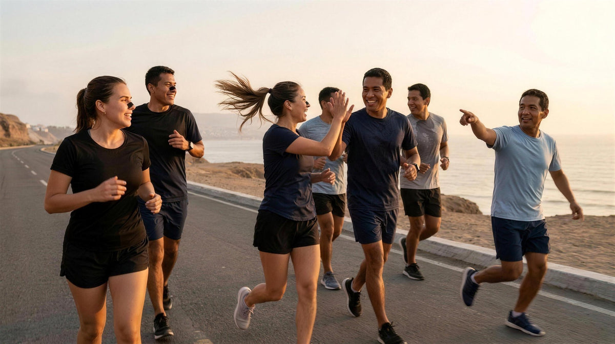 Club de corredores riendo y entrenando juntos al atardecer en la Costa Verde de Lima