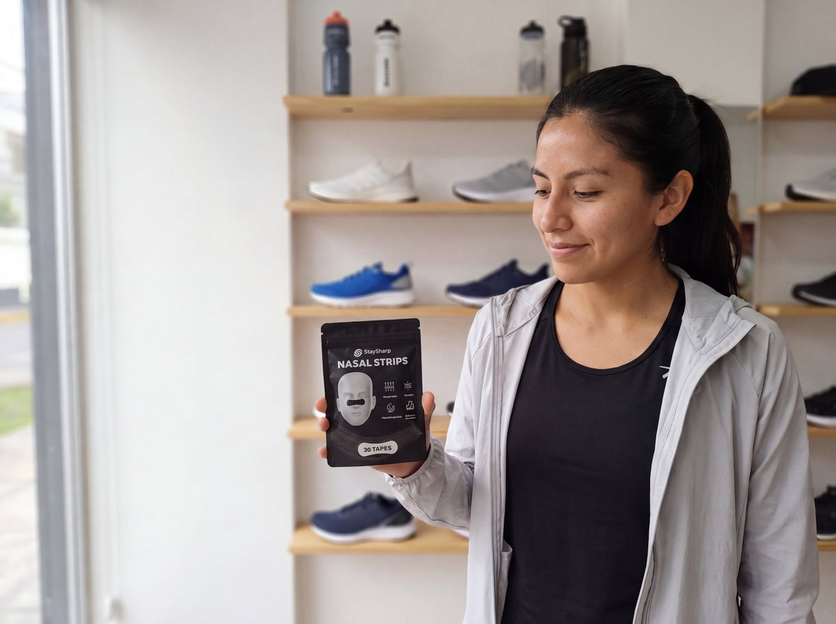 Corredora en una tienda de running de Lima con las tiras nasales StaySharp en la mano